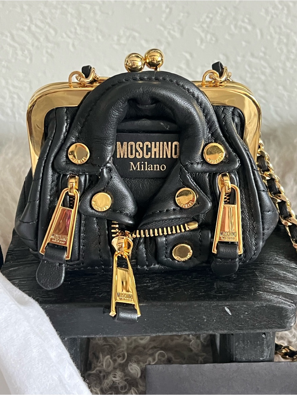 Moschino Milano Mini Micro Backpack Bag Black Leather Gold Hardware Rare!